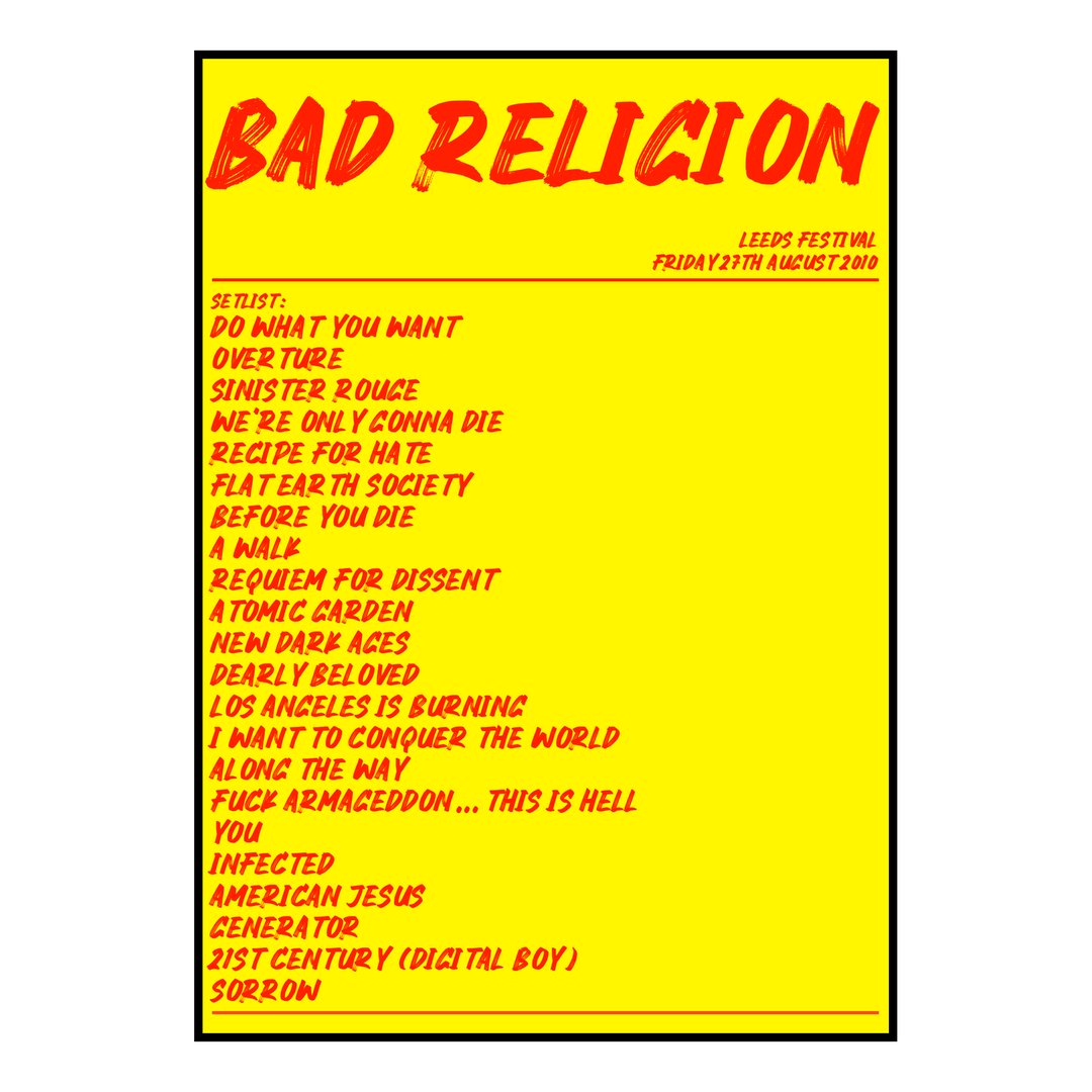 Bad Religion Bramham 27th August 2010 Setlist poster