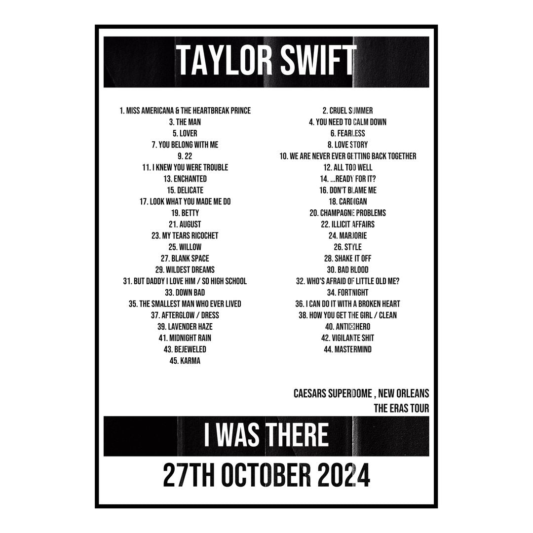 Taylor Swift New Orleans 27th October 2024 Setlist poster