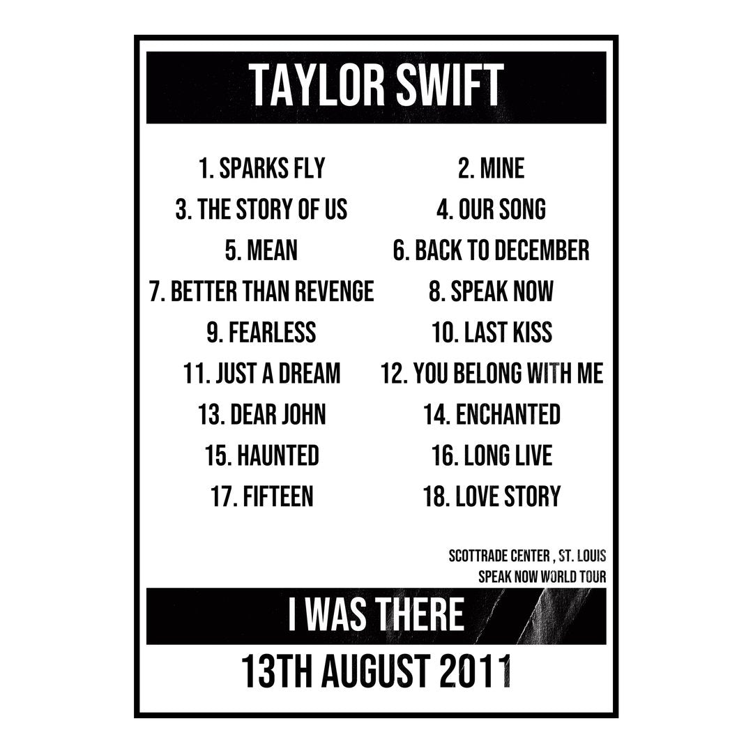 Taylor Swift St. Louis 13th August 2011 Setlist poster