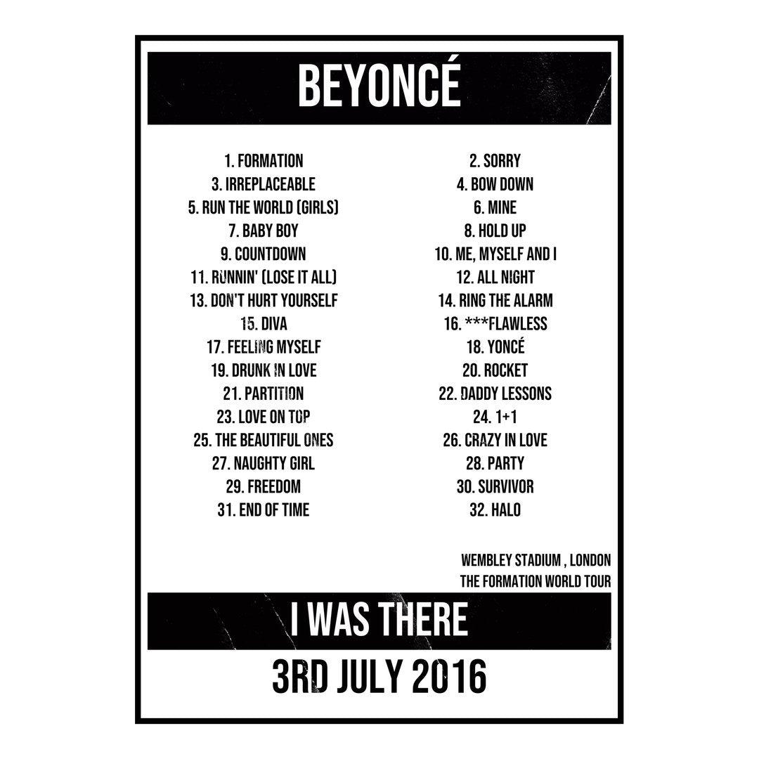 Beyoncé London 3rd July 2016 Setlist poster