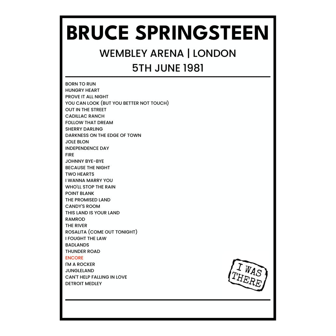 Bruce Springsteen London 5th June 1981 Setlist poster