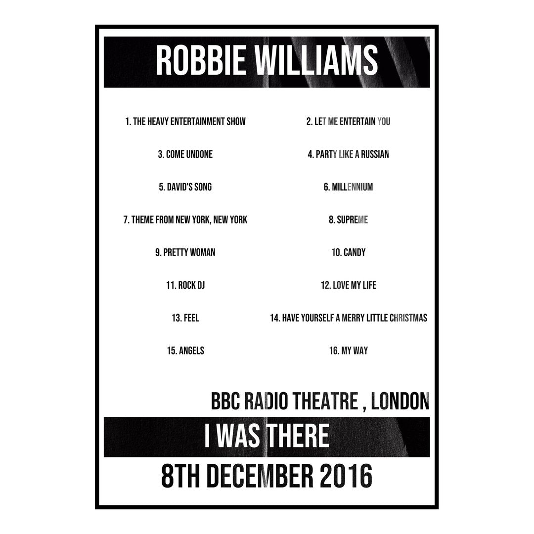 Robbie Williams London 8th December 2016 Setlist poster