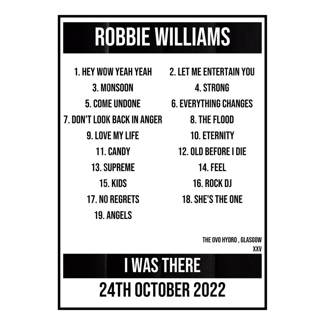 Robbie Williams Glasgow 24th October 2022 Setlist poster