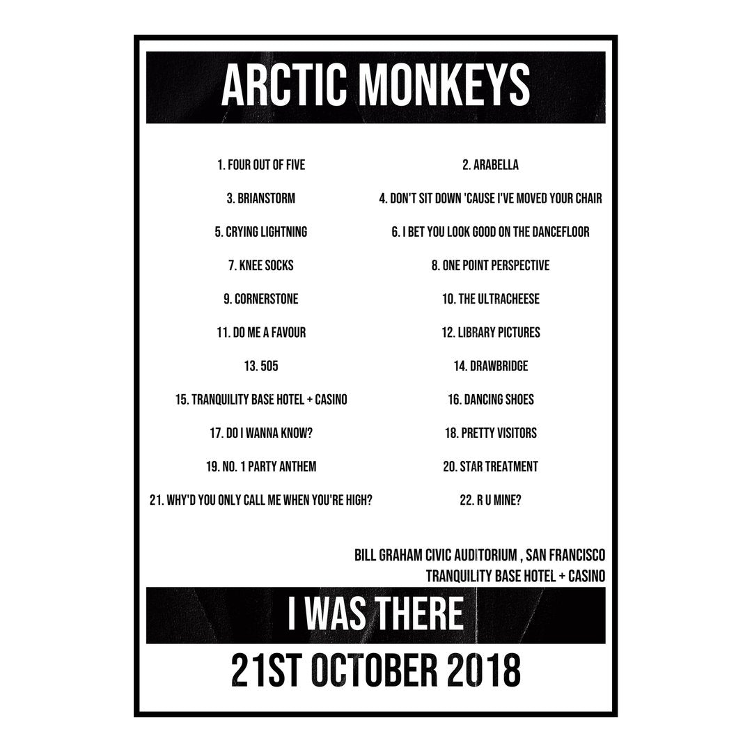 Arctic Monkeys San Francisco 21st October 2018 Setlist poster