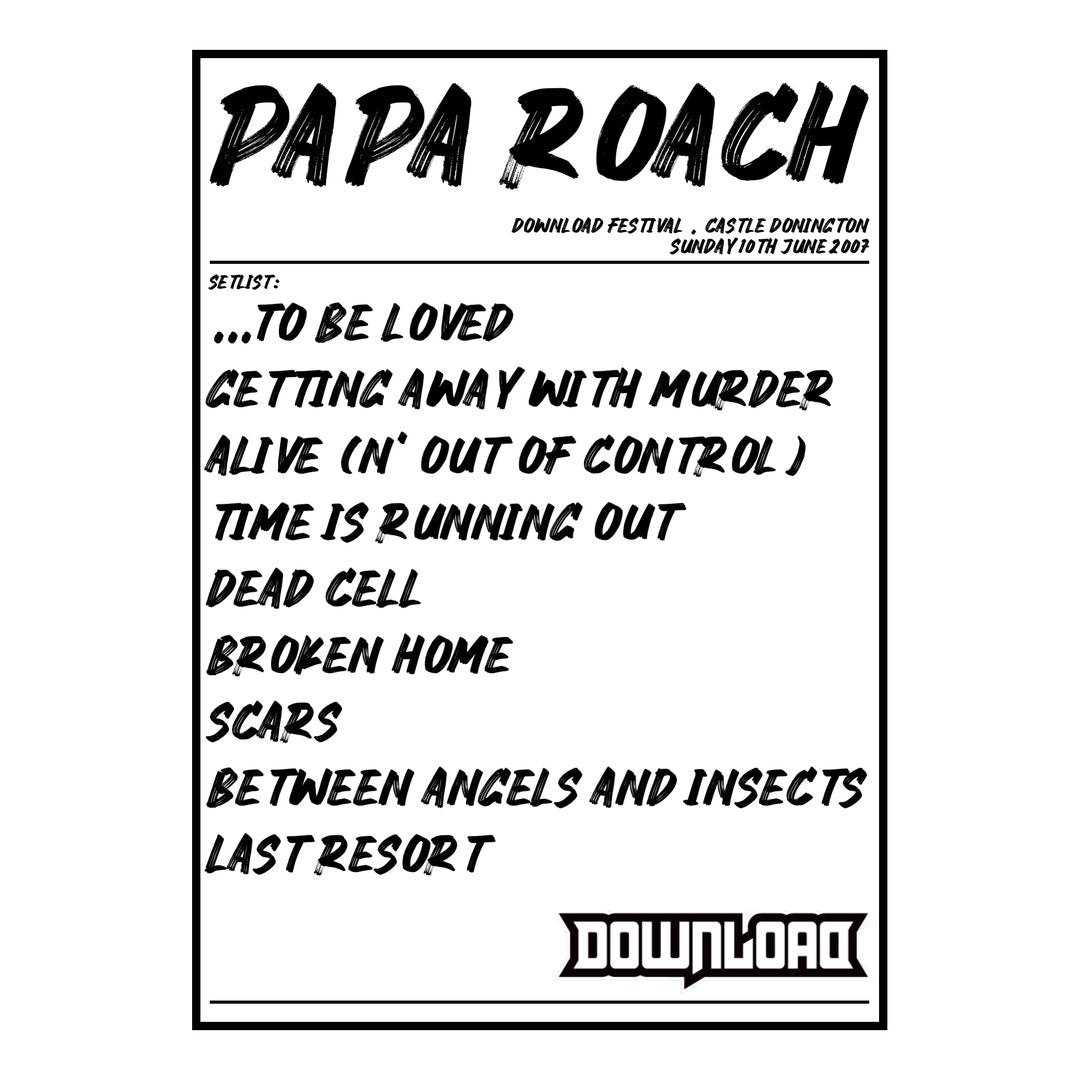 Papa Roach Castle Donington 10th June 2007 Setlist poster