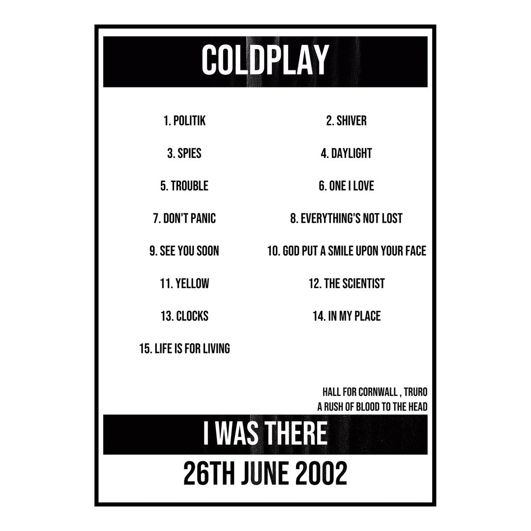 Coldplay Truro 26th June 2002 Setlist poster