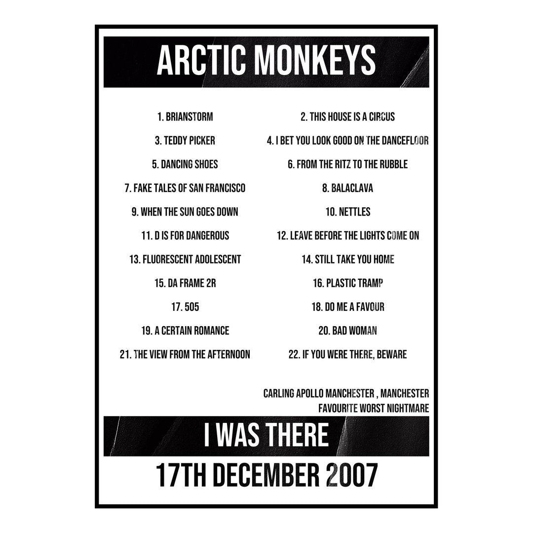 Arctic Monkeys Manchester 17th December 2007 Setlist poster