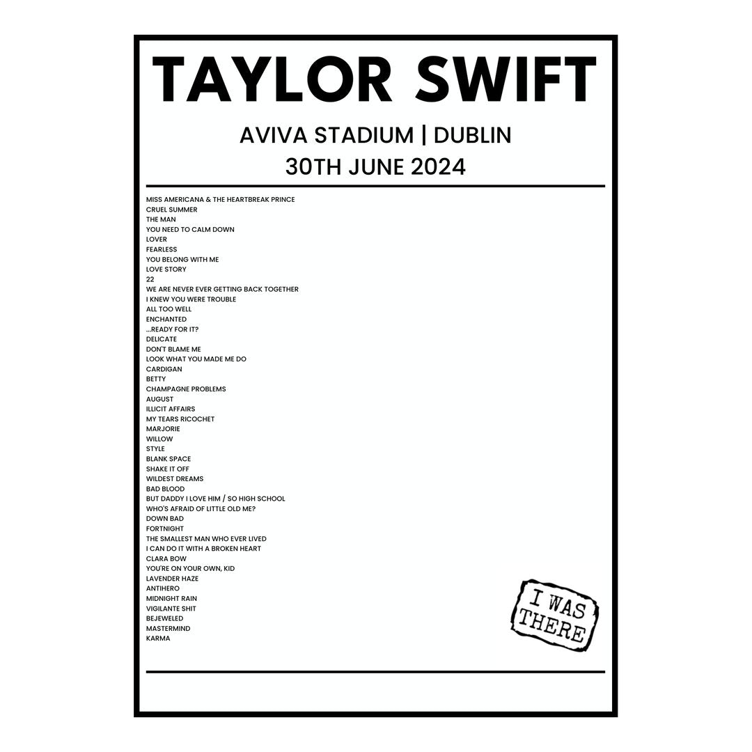 Taylor Swift Dublin 30th June 2024 Setlist poster