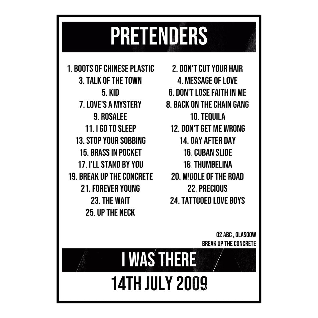 Pretenders Glasgow 14th July 2009 Setlist poster