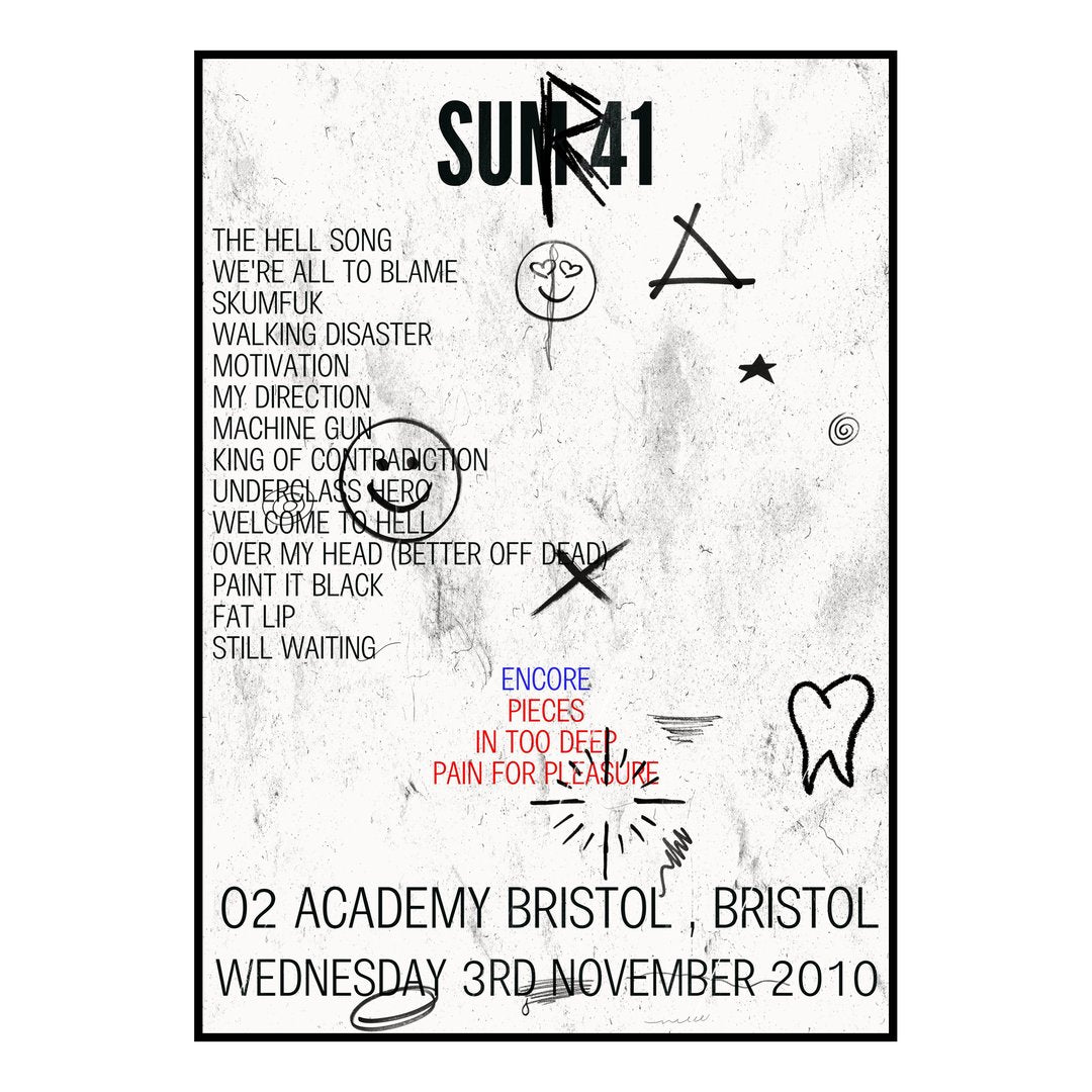 Sum 41 Bristol 3rd November 2010 Setlist poster