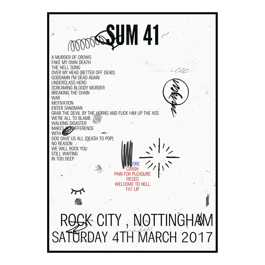 Sum 41 Nottingham 4th March 2017 Setlist poster