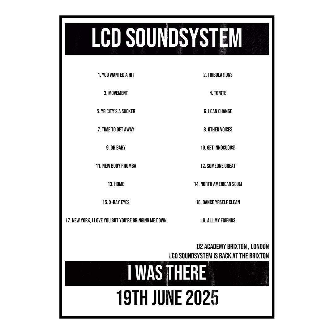 LCD Soundsystem London 19th June 2025 Setlist poster