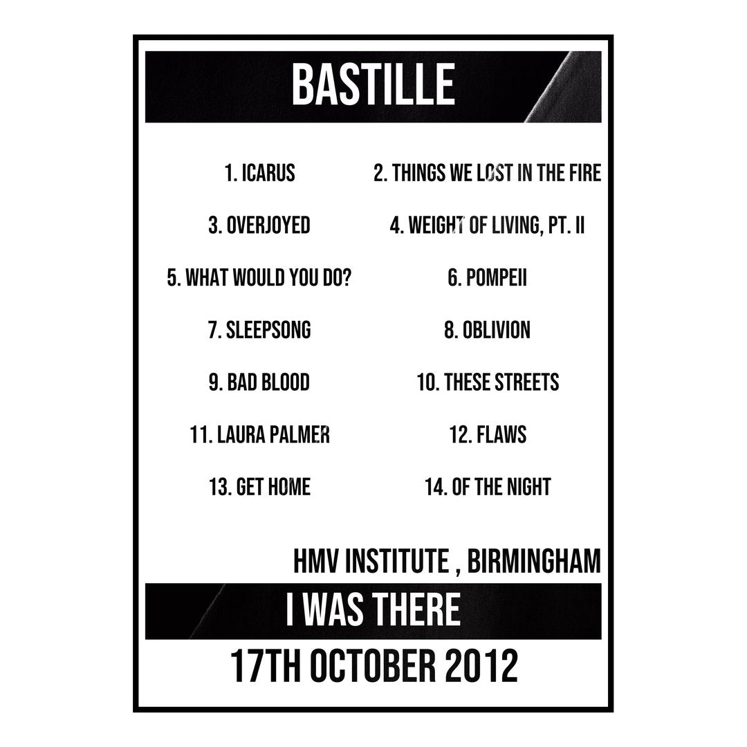 Bastille Birmingham 17th October 2012 Setlist poster