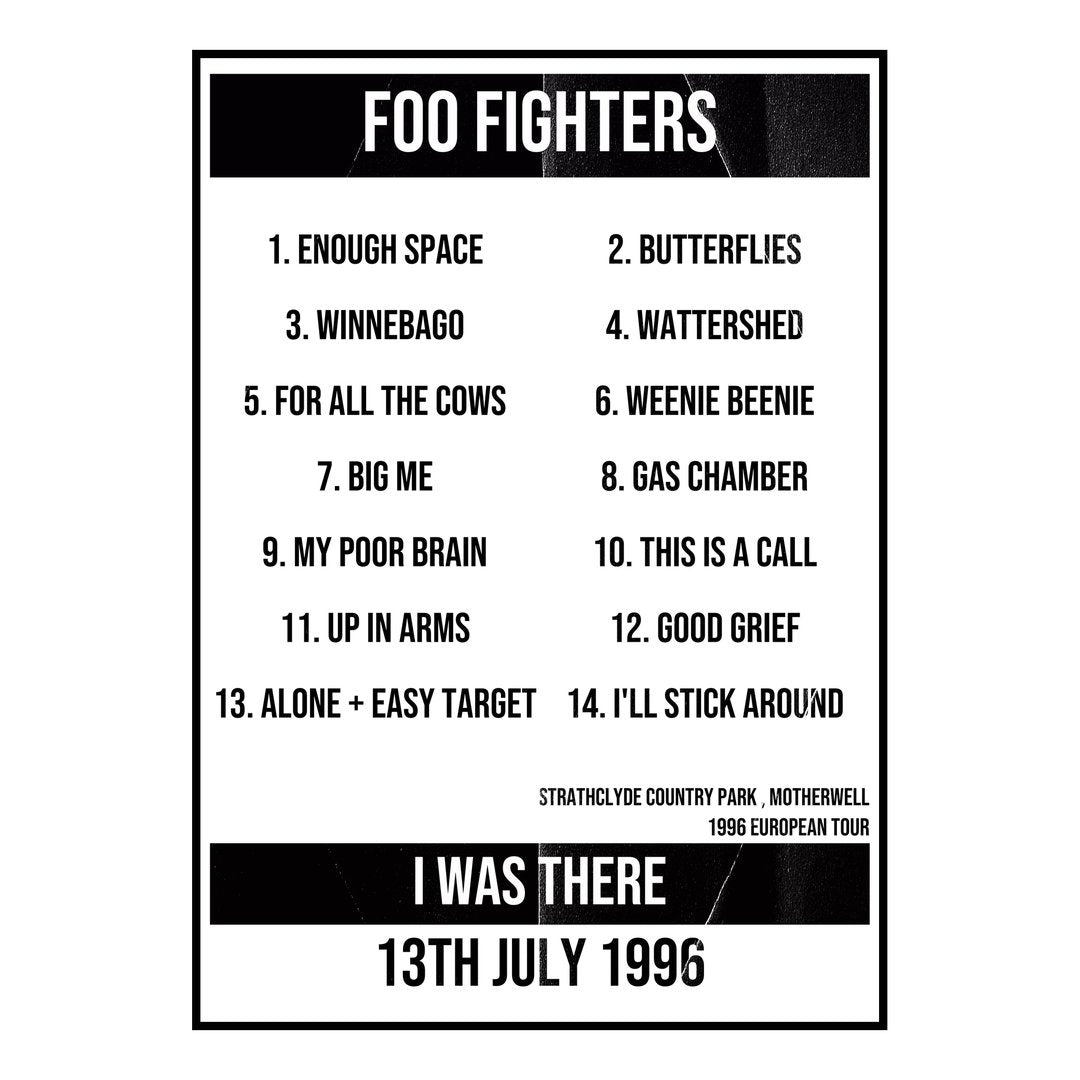 Foo Fighters Motherwell 13th July 1996 Setlist poster