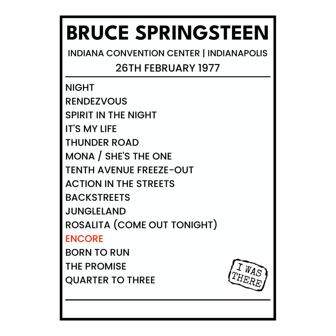 Bruce Springsteen Indianapolis 26th February 1977 Setlist poster