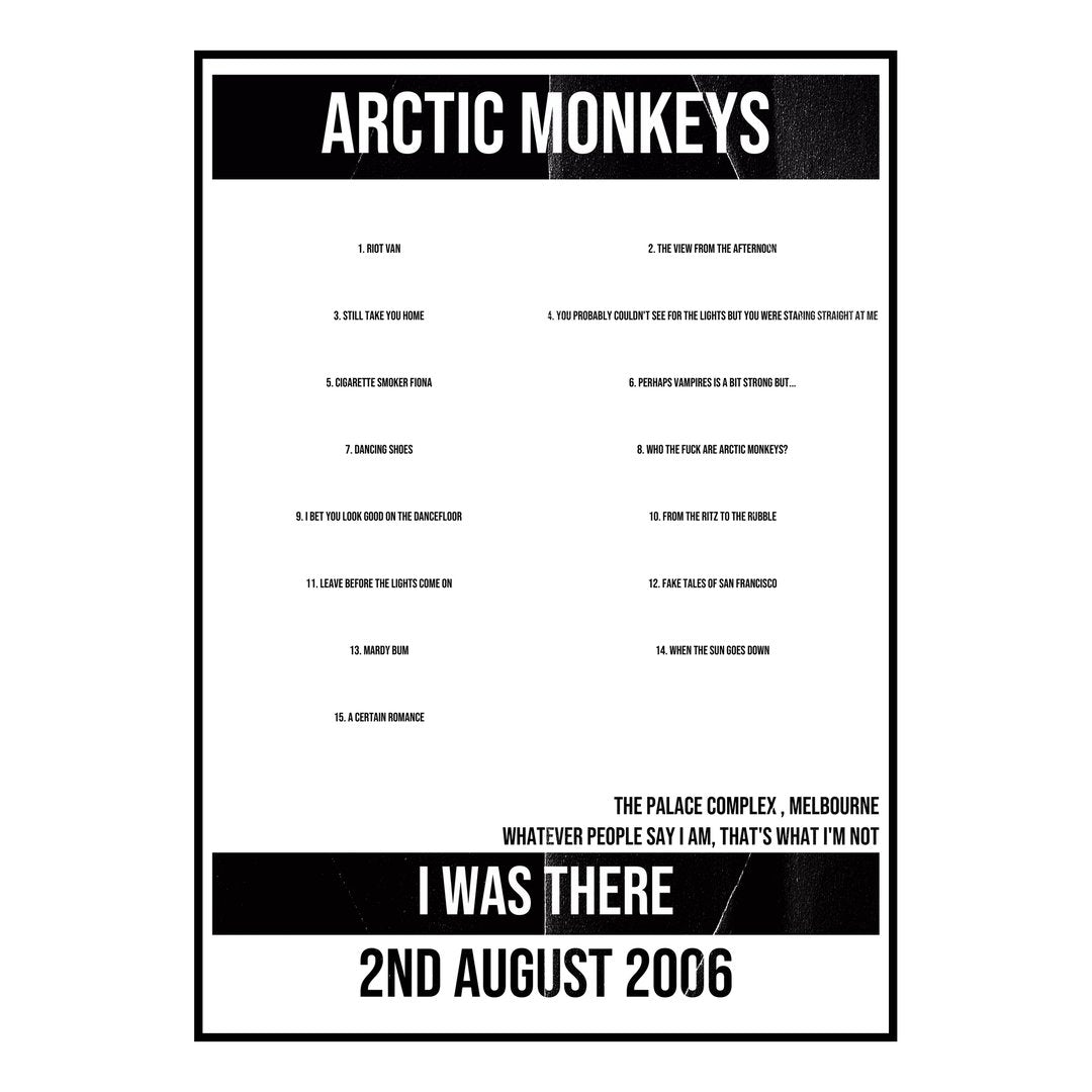 Arctic Monkeys Melbourne 2nd August 2006 Setlist poster