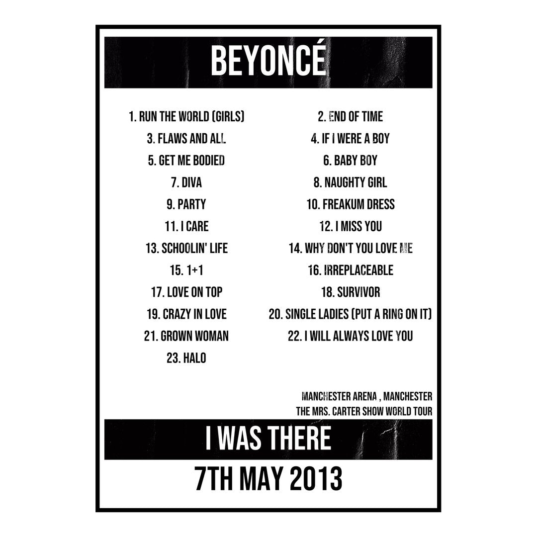 Beyoncé Manchester 7th May 2013 Setlist poster