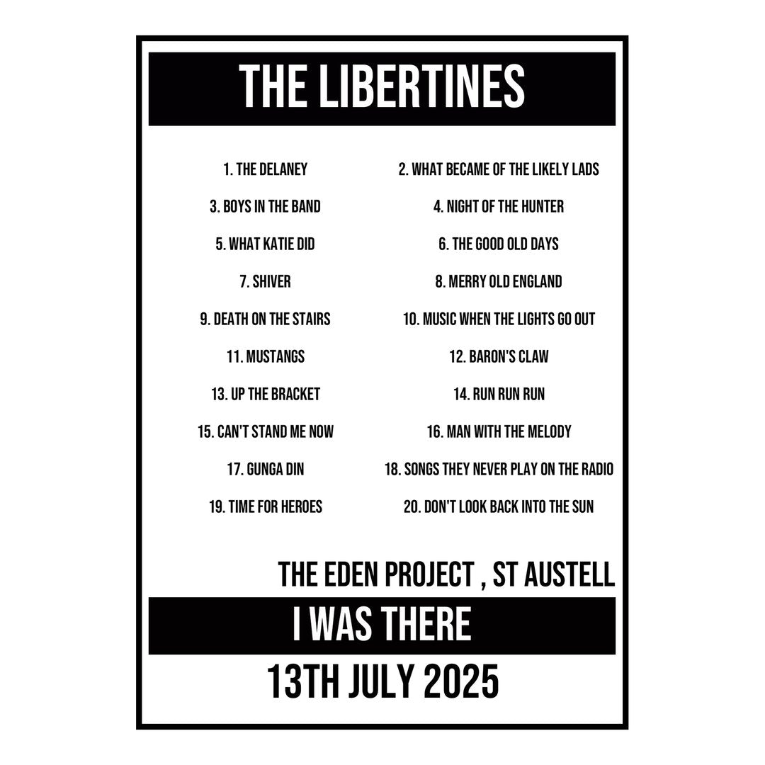 A Setlist Poster Featuring The Libertines Gig from St Austell in 2025