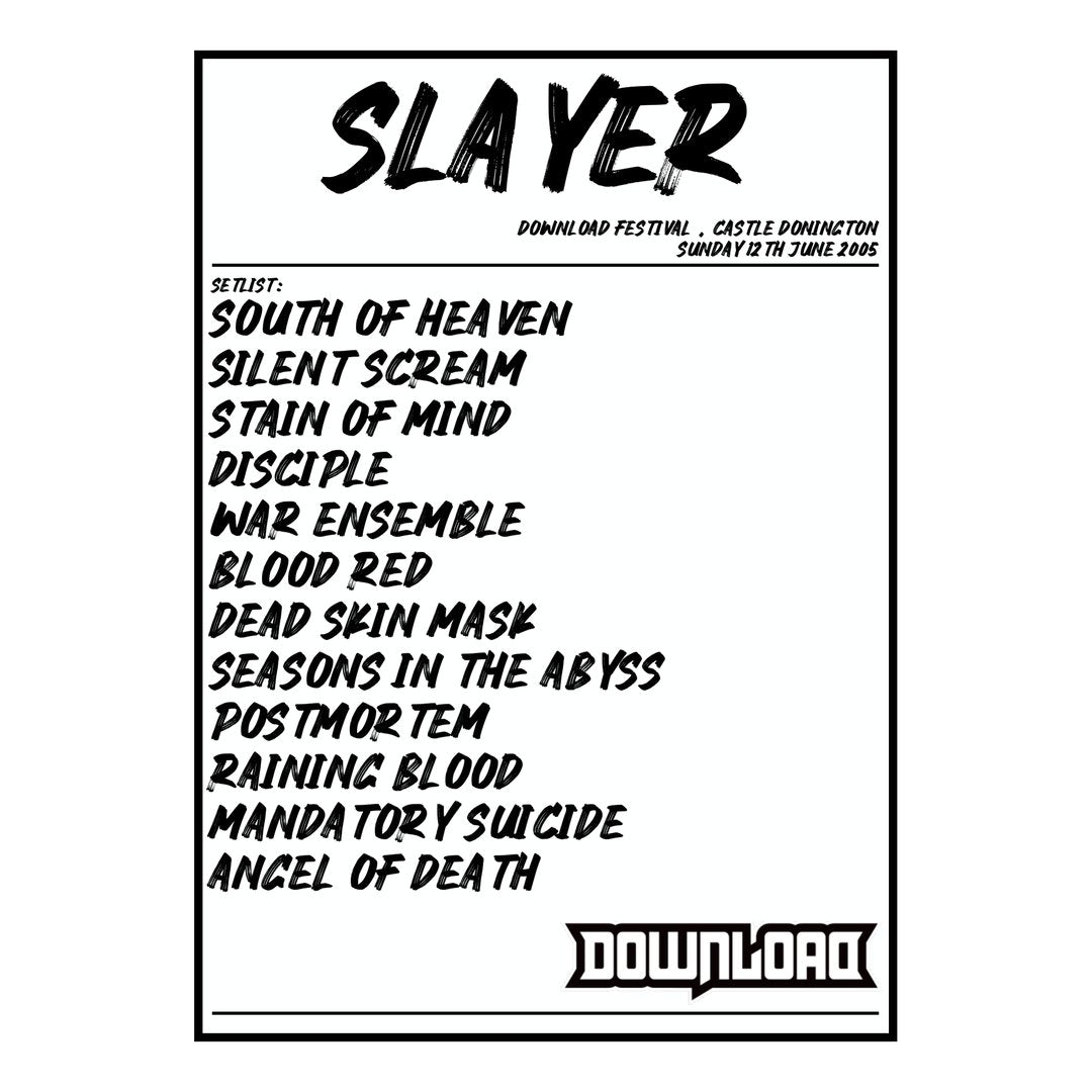 Slayer Castle Donington 12th June 2005 Setlist poster