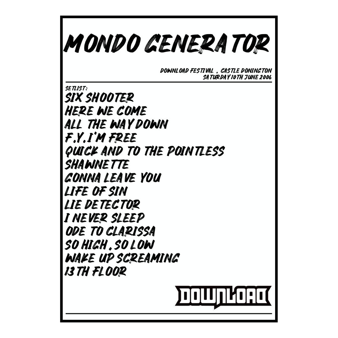 Mondo Generator Castle Donington 10th June 2006 Setlist poster