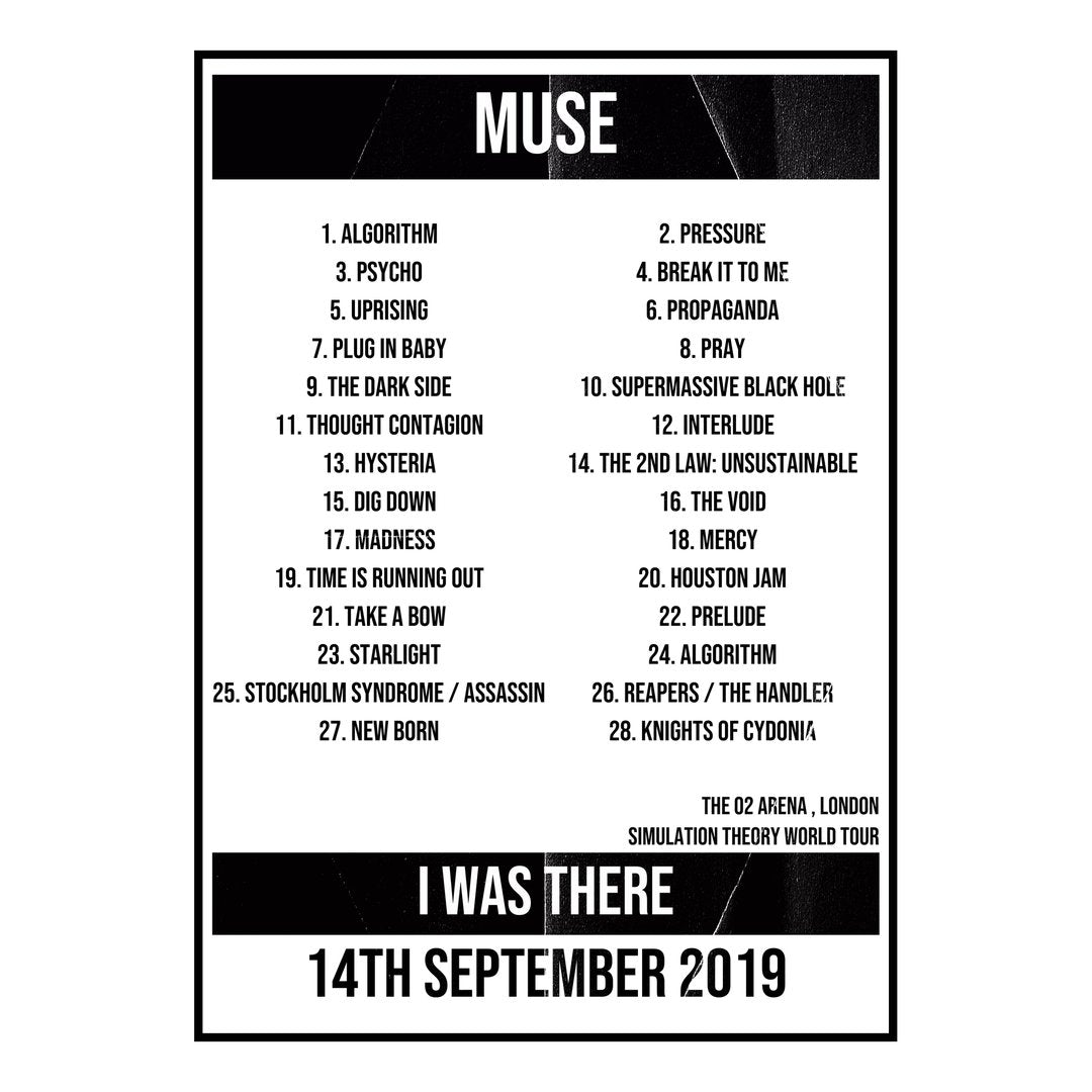 Muse London 14th September 2019 Setlist poster