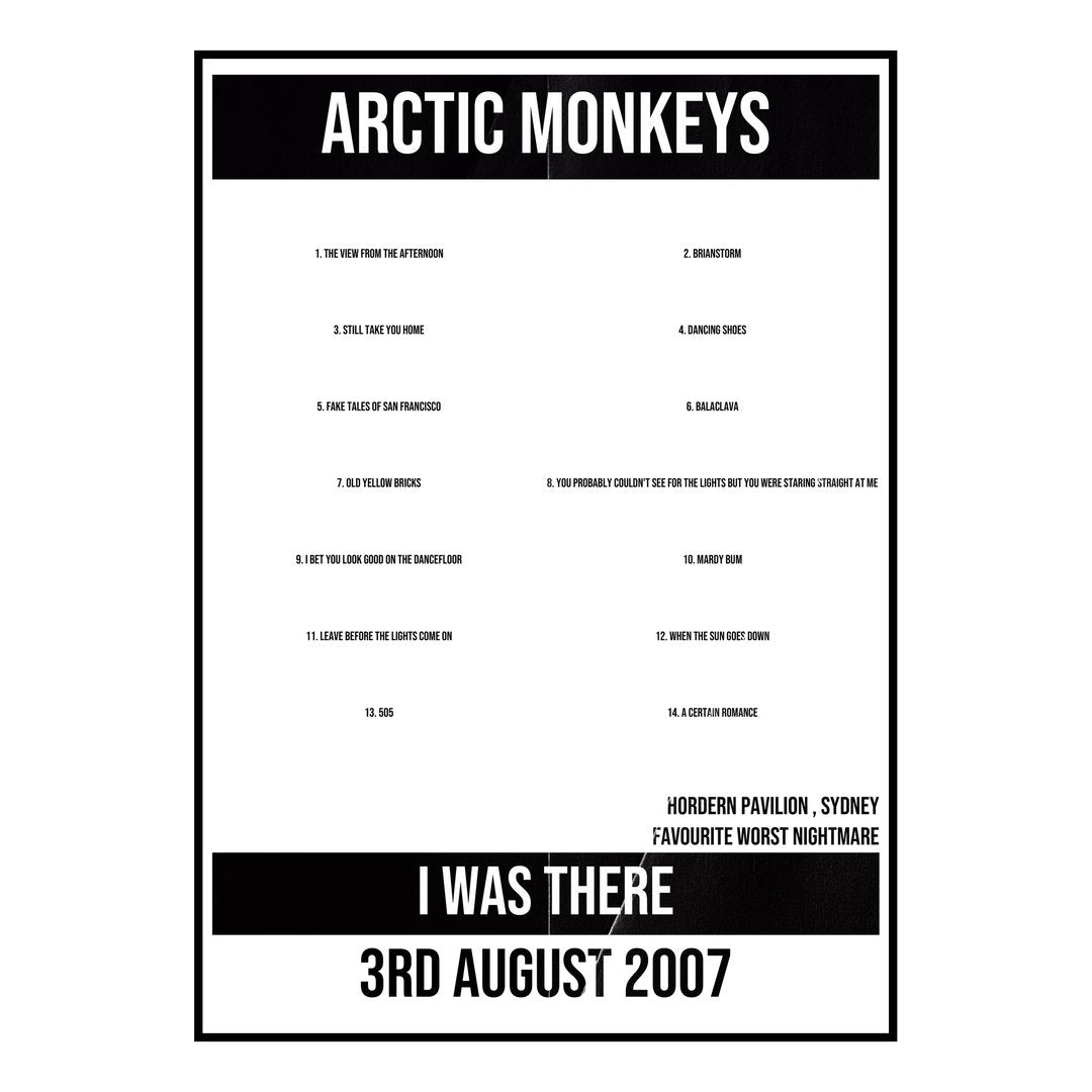 Arctic Monkeys Sydney 3rd August 2007 Setlist poster