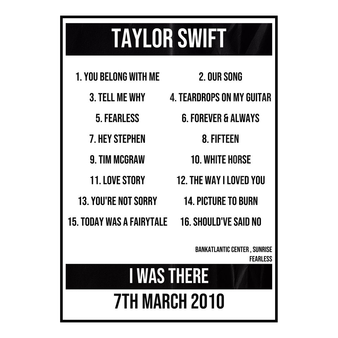 Taylor Swift Sunrise 7th March 2010 Setlist poster