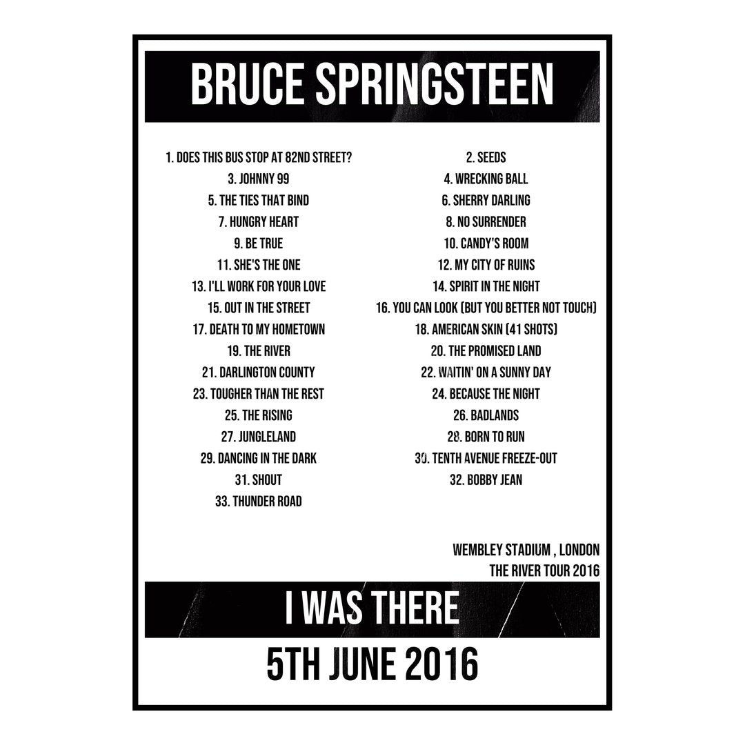 Bruce Springsteen London 5th June 2016 Setlist poster