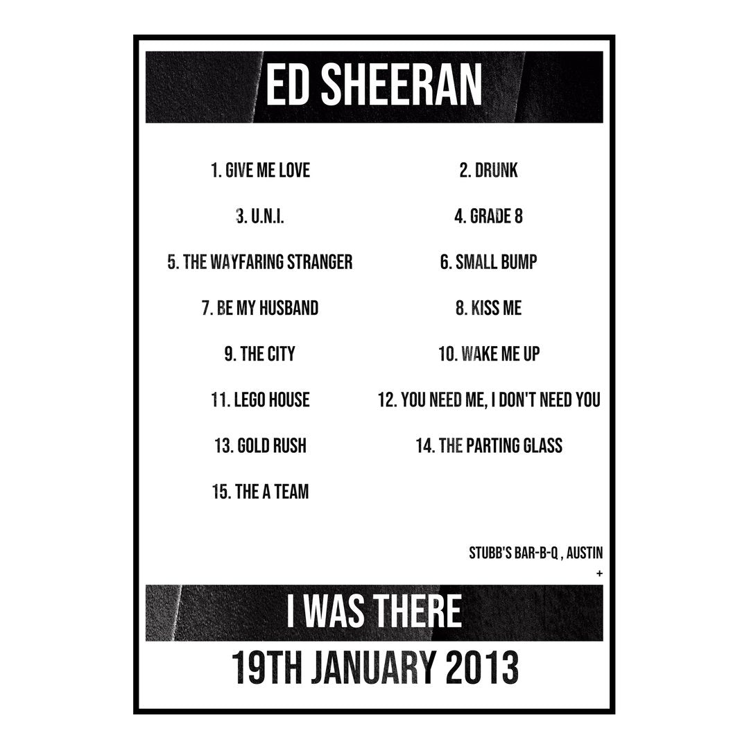 Ed Sheeran Austin 19th January 2013 Setlist poster