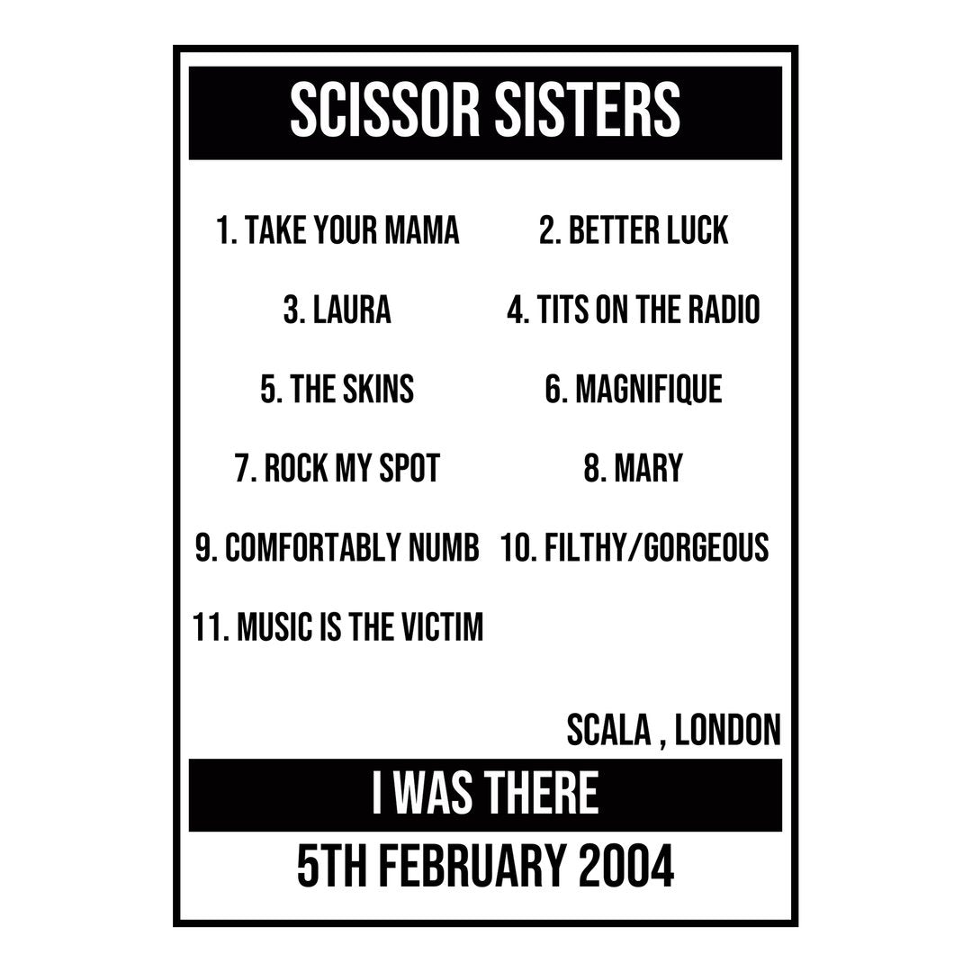 A Setlist Poster Featuring Scissor Sisters Gig from London in 2004
