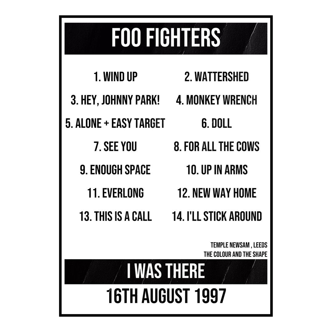 Foo Fighters Leeds 16th August 1997 Setlist poster