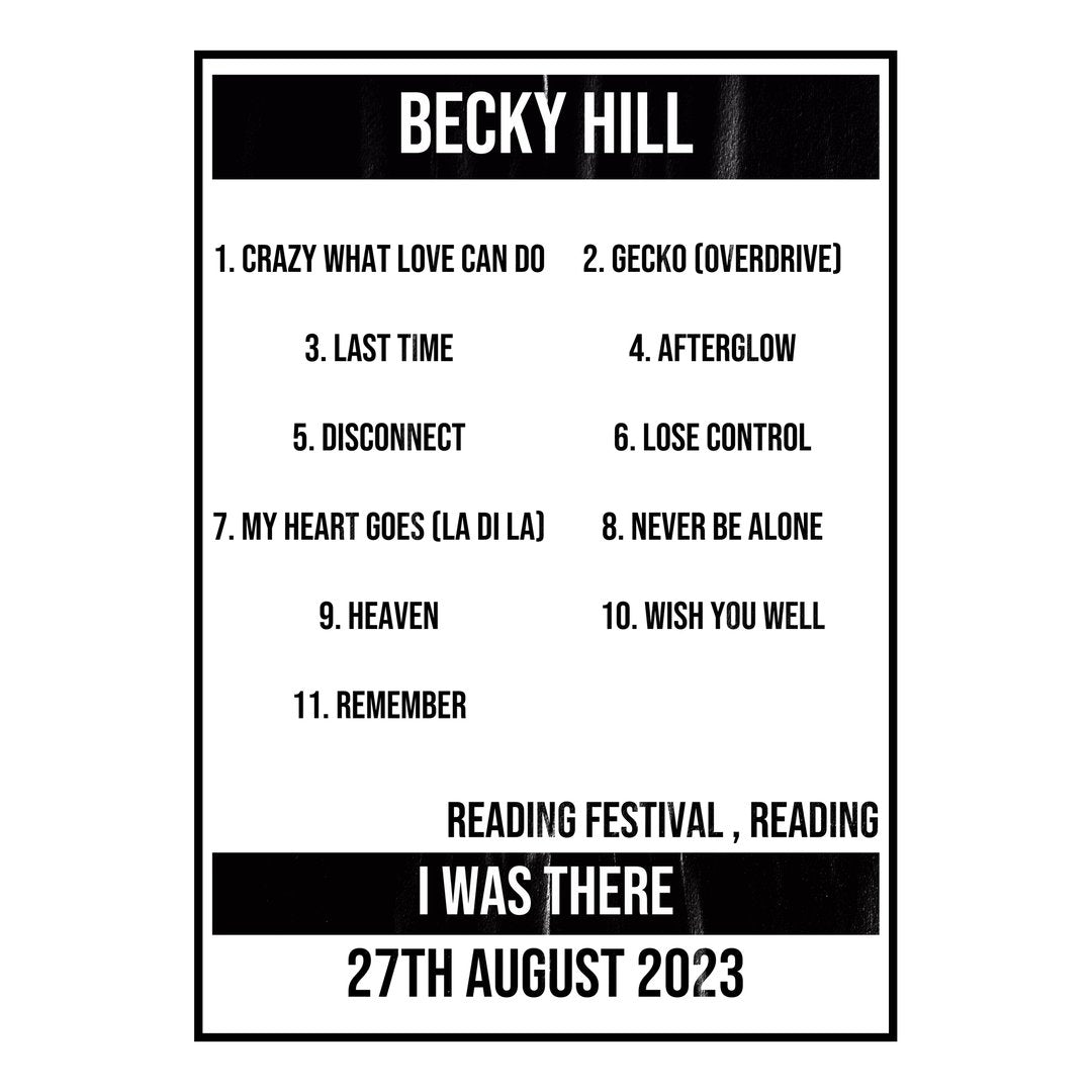 Becky Hill Reading 27th August 2023 Setlist poster