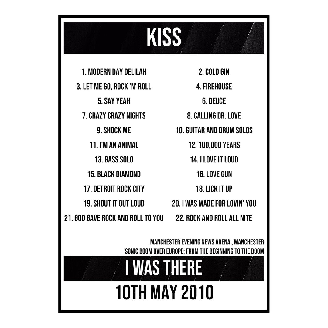 KISS Manchester 10th May 2010 Setlist poster