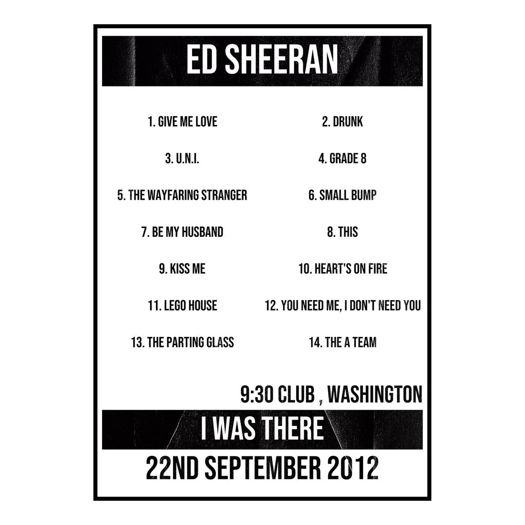 Ed Sheeran Washington 22nd September 2012 Setlist poster