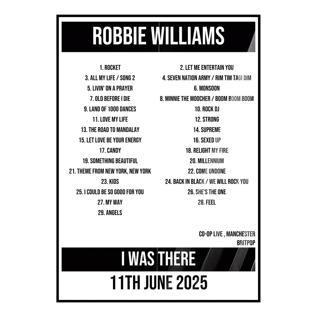 Robbie Williams Manchester 11th June 2025 Setlist poster