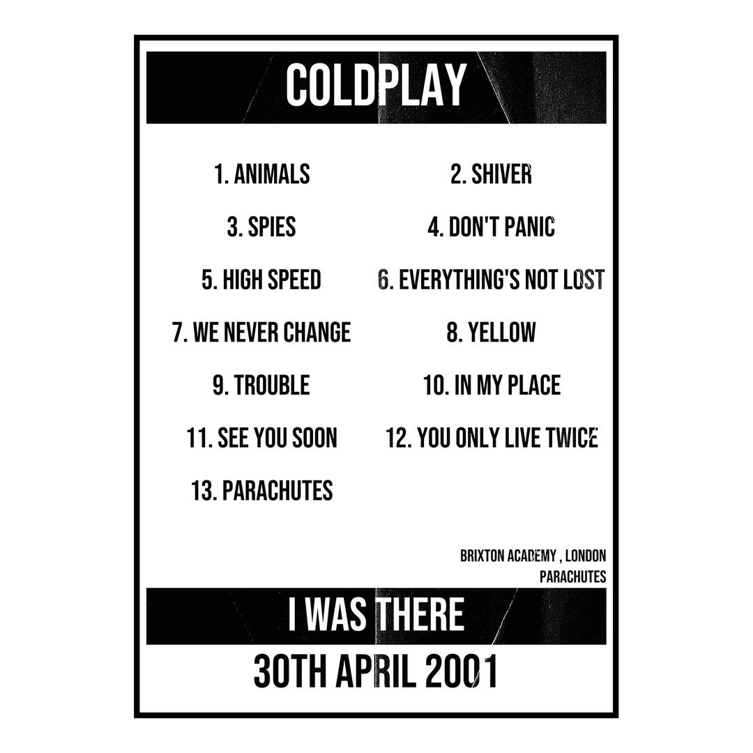Coldplay London 30th April 2001 Setlist poster