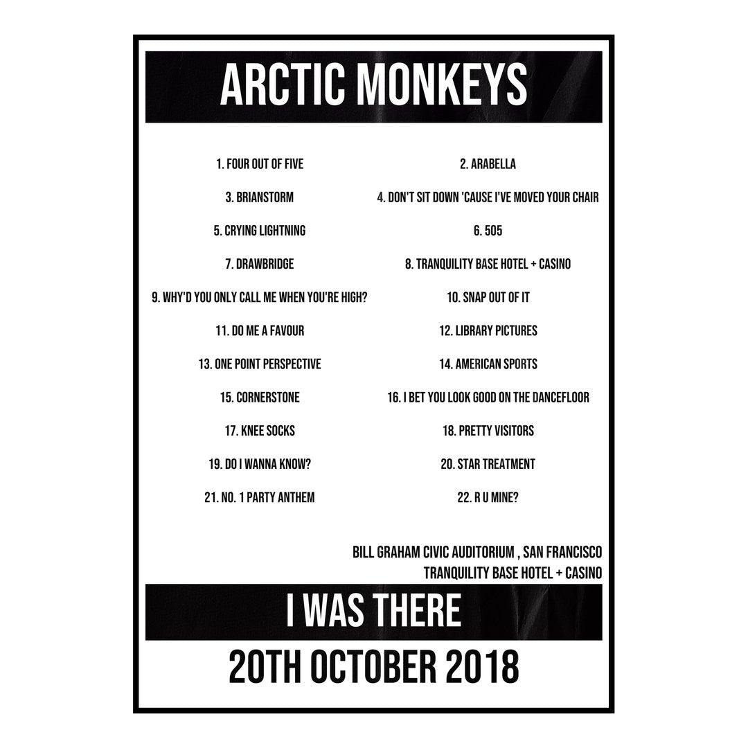 Arctic Monkeys San Francisco 20th October 2018 Setlist poster