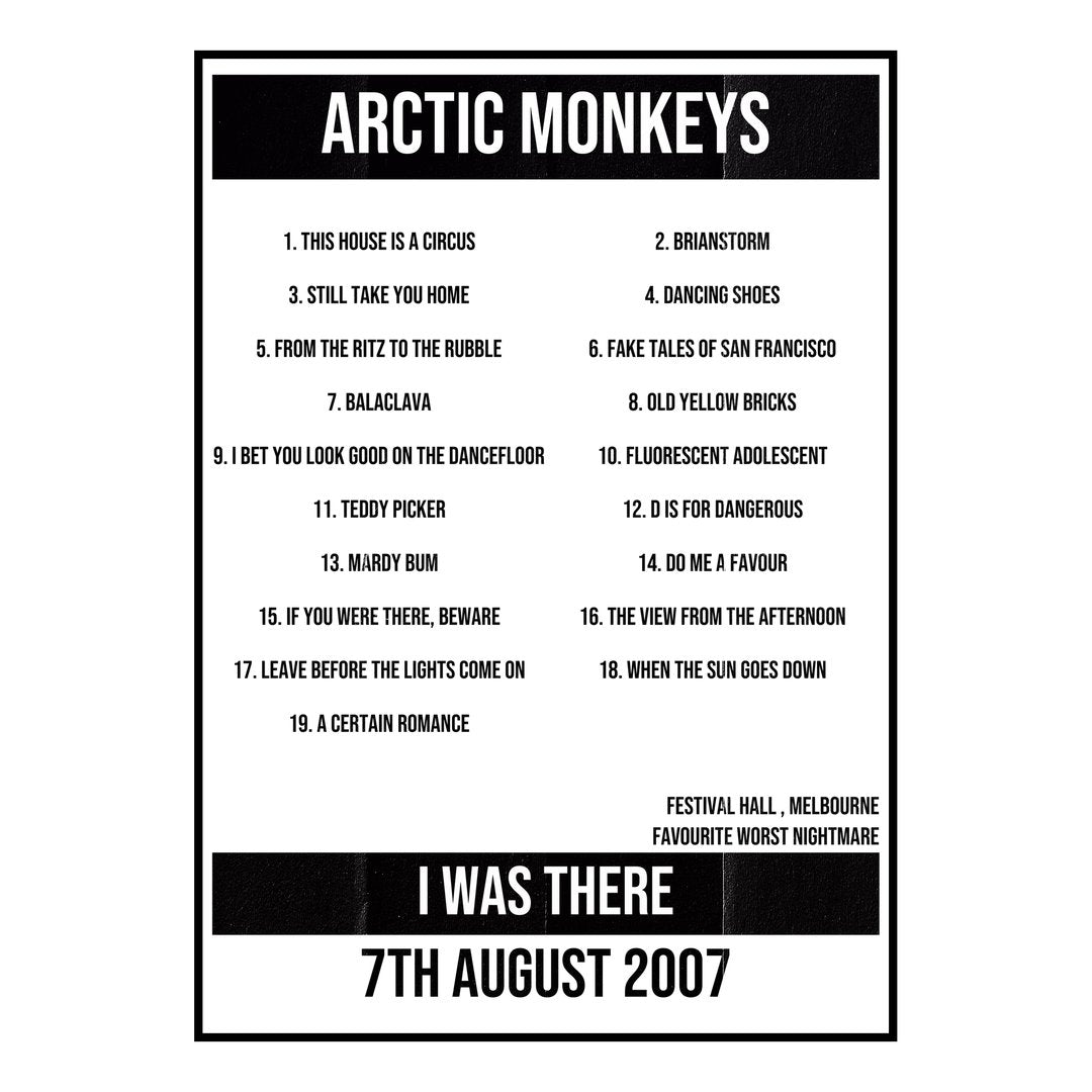 Arctic Monkeys Melbourne 7th August 2007 Setlist poster