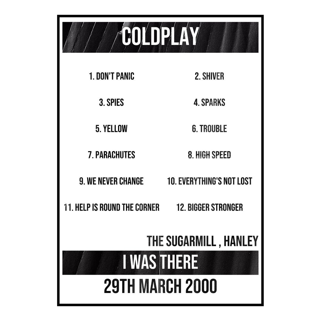 Coldplay Hanley 29th March 2000 Setlist poster
