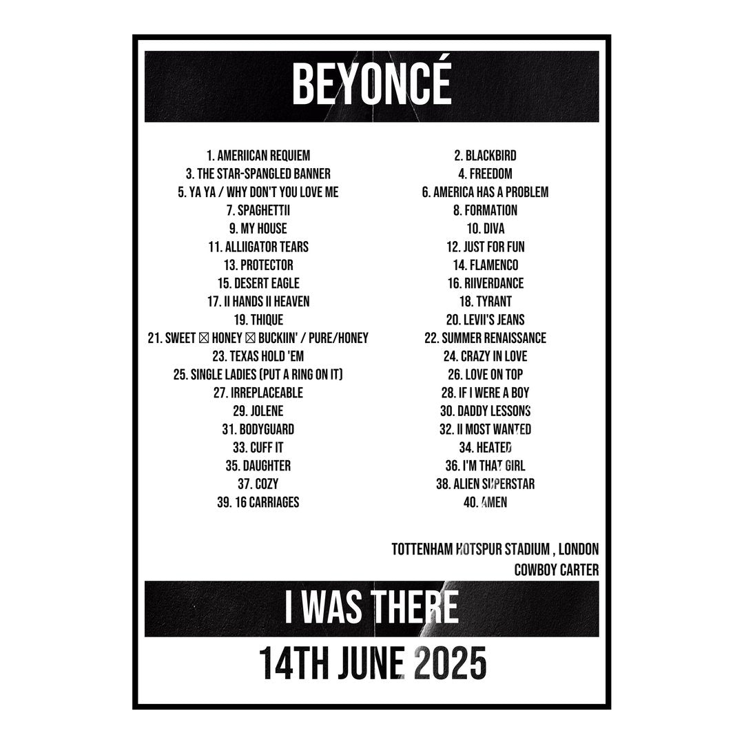 Beyoncé London 14th June 2025 Setlist poster