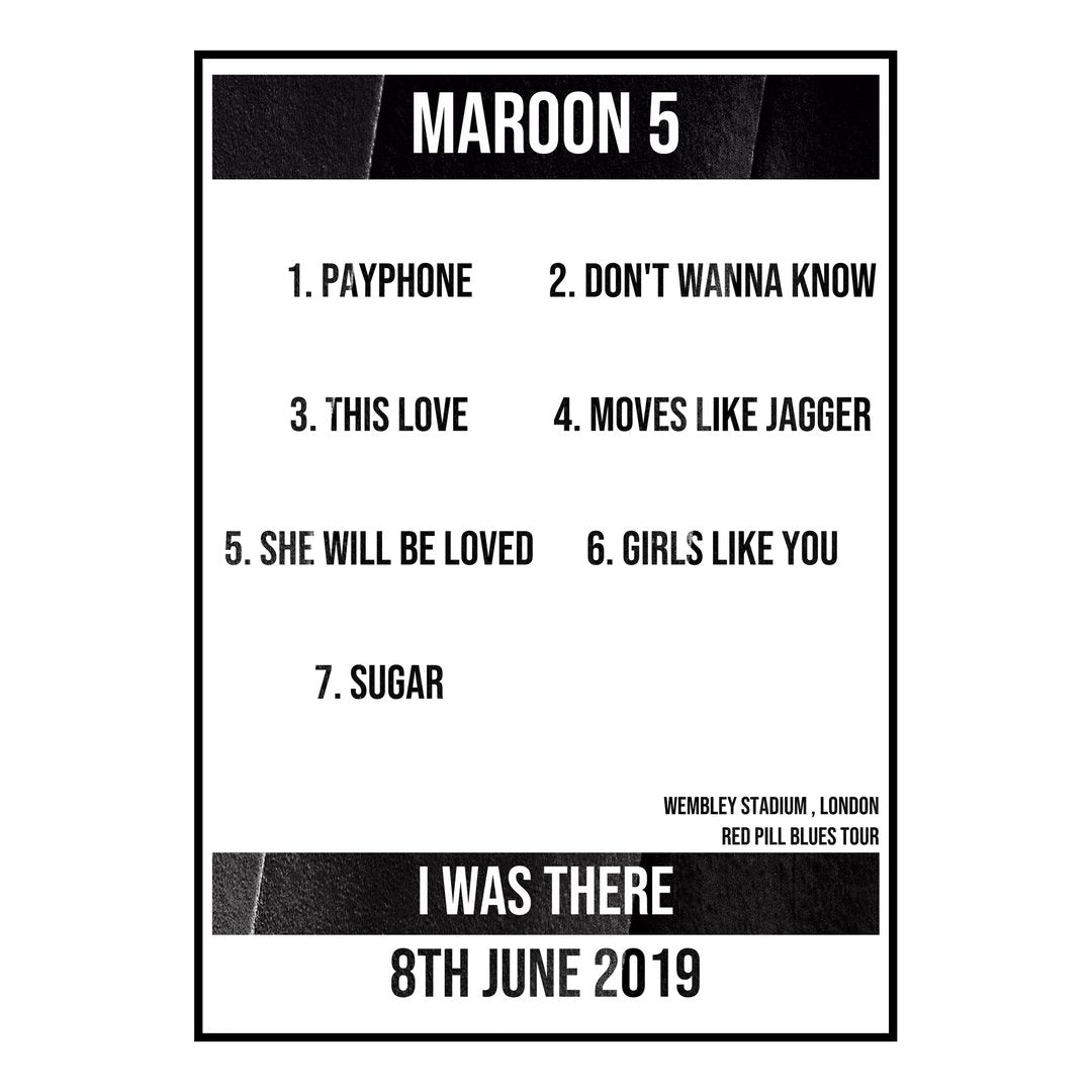 Maroon 5 London 8th June 2019 Setlist poster