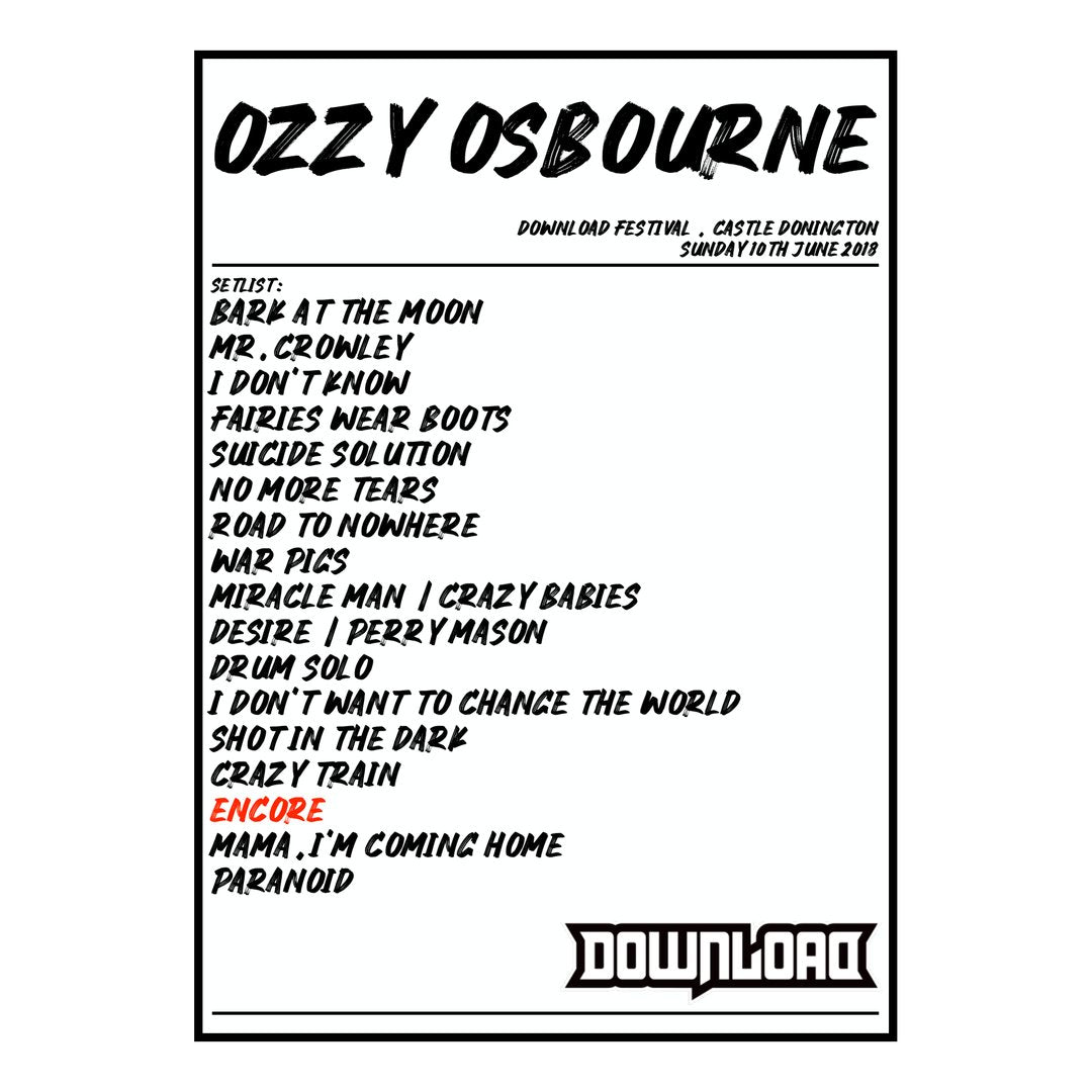 Ozzy Osbourne Castle Donington 10th June 2018 Setlist poster
