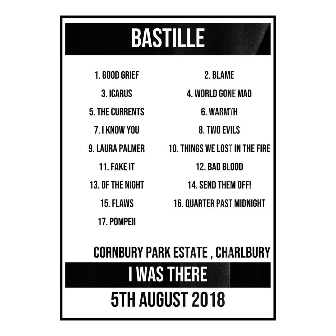 Bastille Charlbury 5th August 2018 Setlist poster