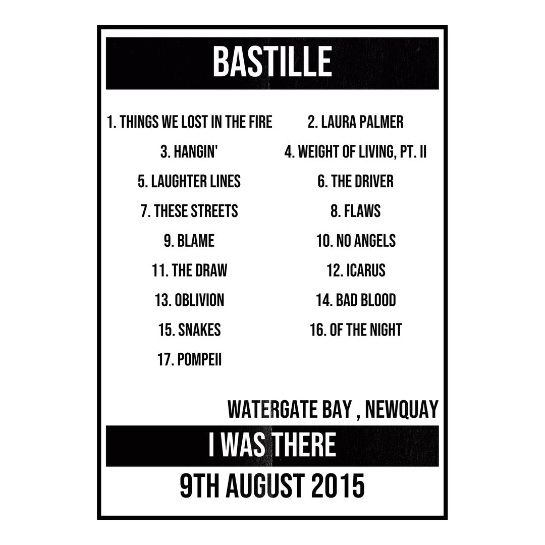 Bastille Newquay 9th August 2015 Setlist poster