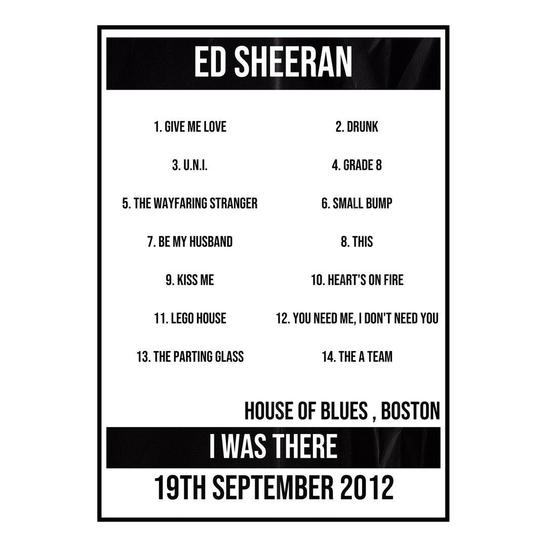 Ed Sheeran Boston 19th September 2012 Setlist poster