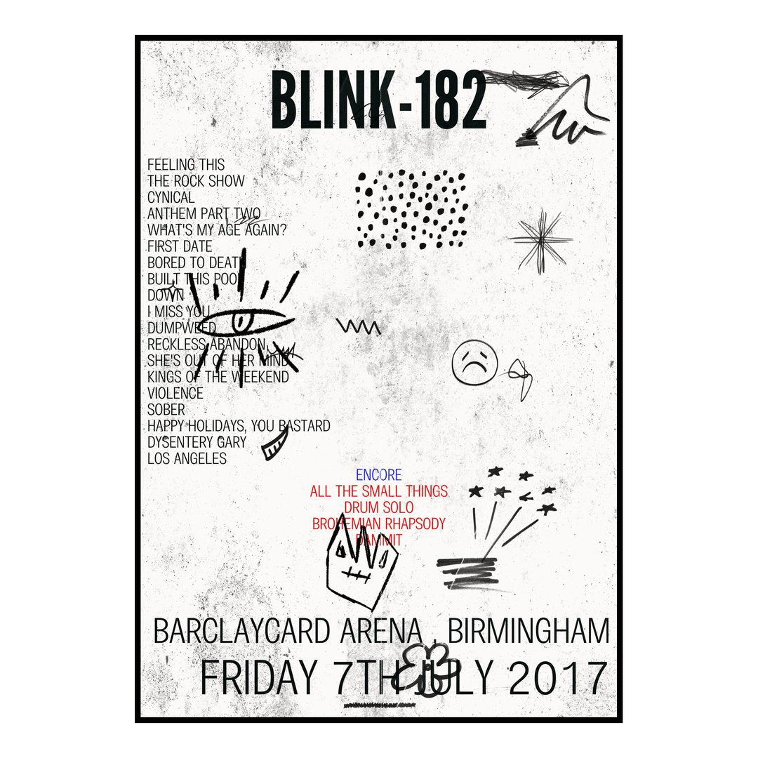 blink‐182 Birmingham 7th July 2017 Setlist poster