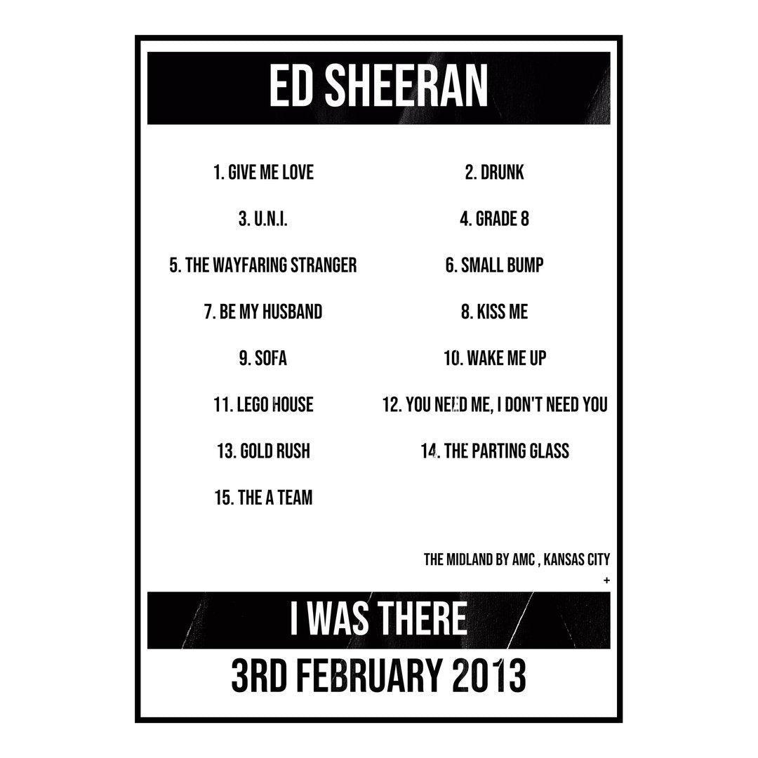 Ed Sheeran Kansas City 3rd February 2013 Setlist poster