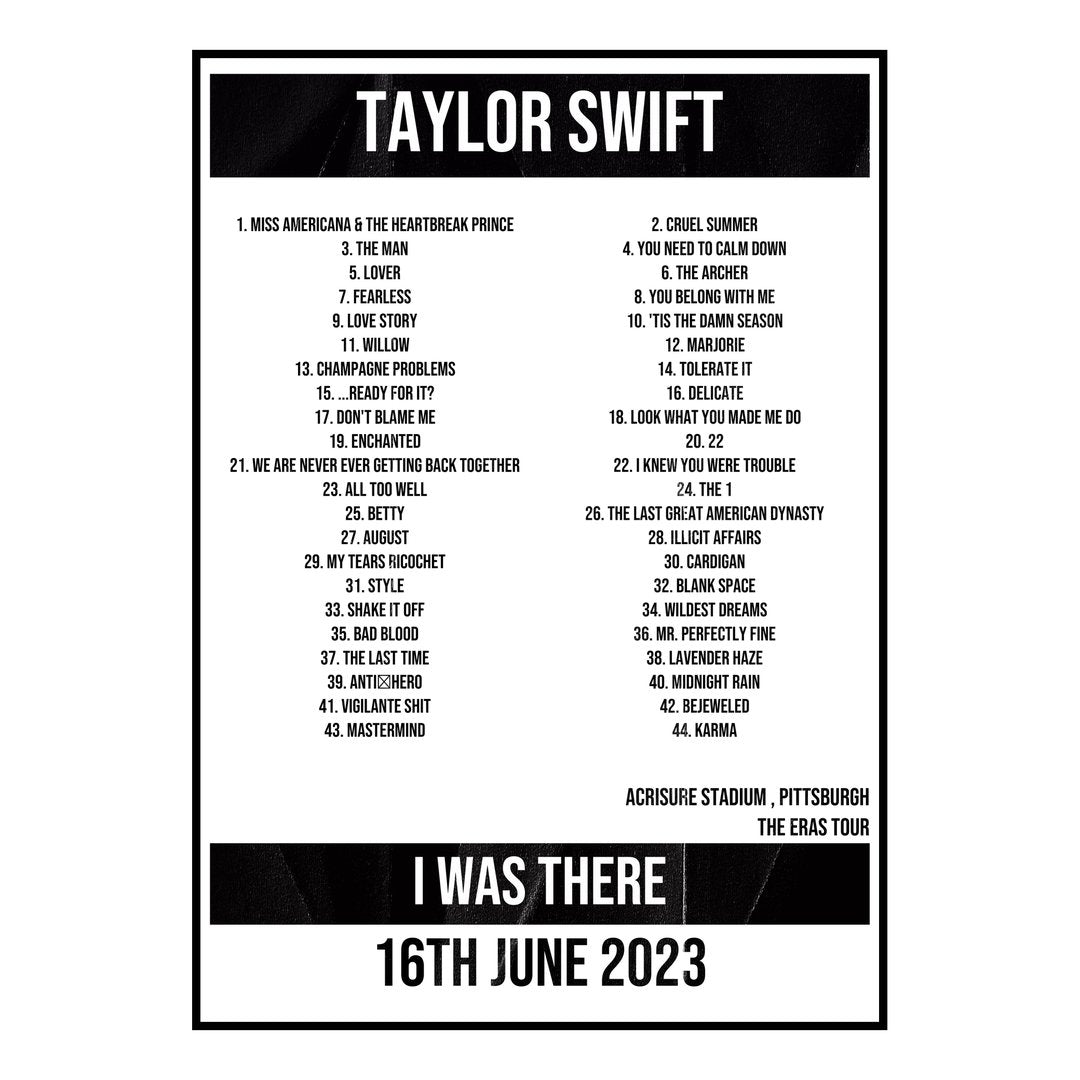 Taylor Swift Pittsburgh 16th June 2023 Setlist poster