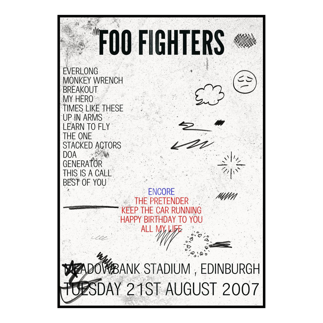Foo Fighters Edinburgh 21st August 2007 Setlist poster