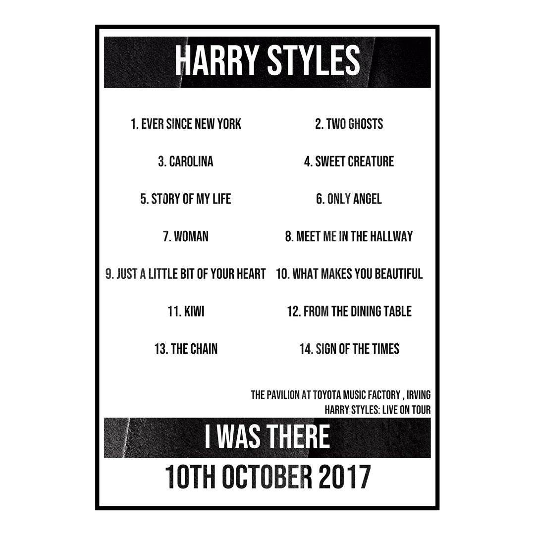 Harry Styles Irving 10th October 2017 Setlist poster